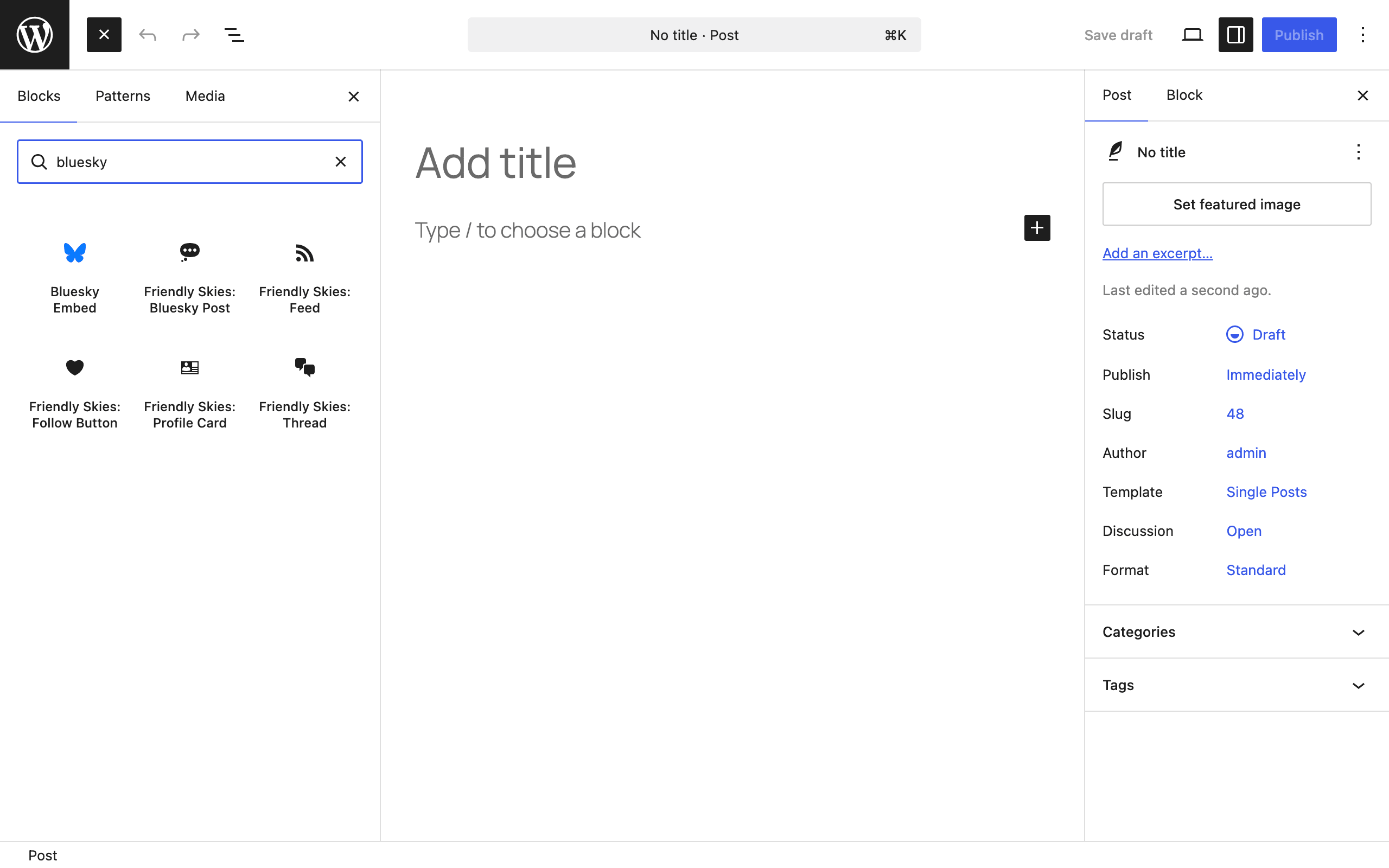 The block inserter searched for "bluesky": WordPress's own Bluesky Embed block, and the five Friendly Skies blocks.