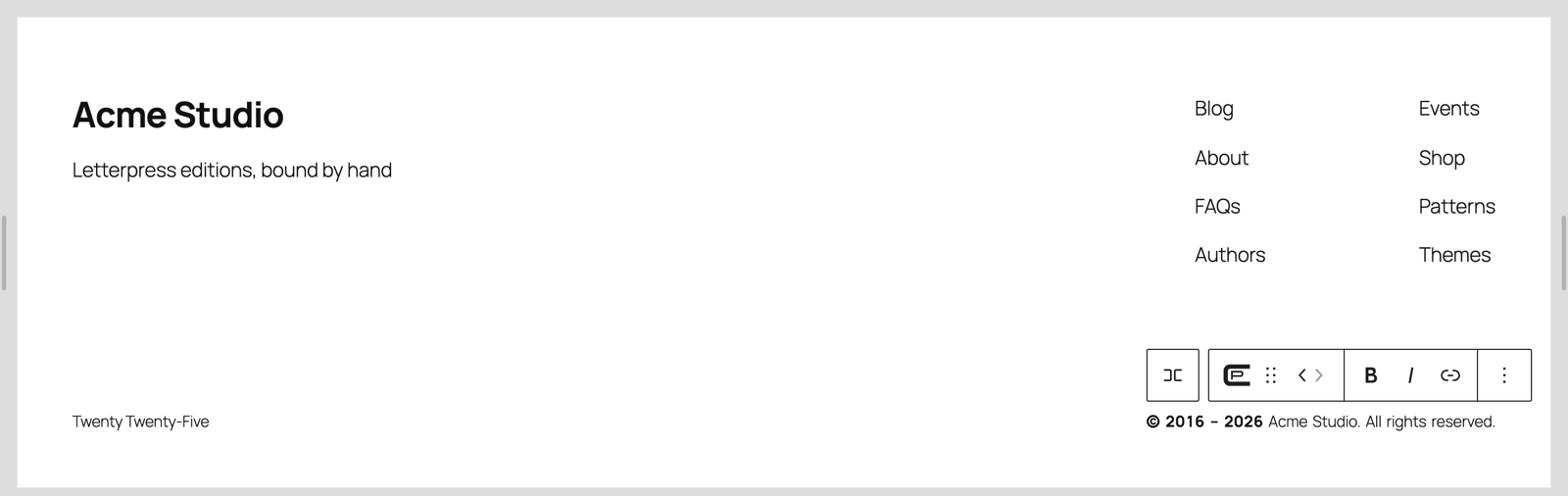 A site footer open in the WordPress editor, with the studio name at the left and columns of links at the right. The copyright notice sits at the lower right and is selected, with the block toolbar floating above it carrying the Perennial icon.