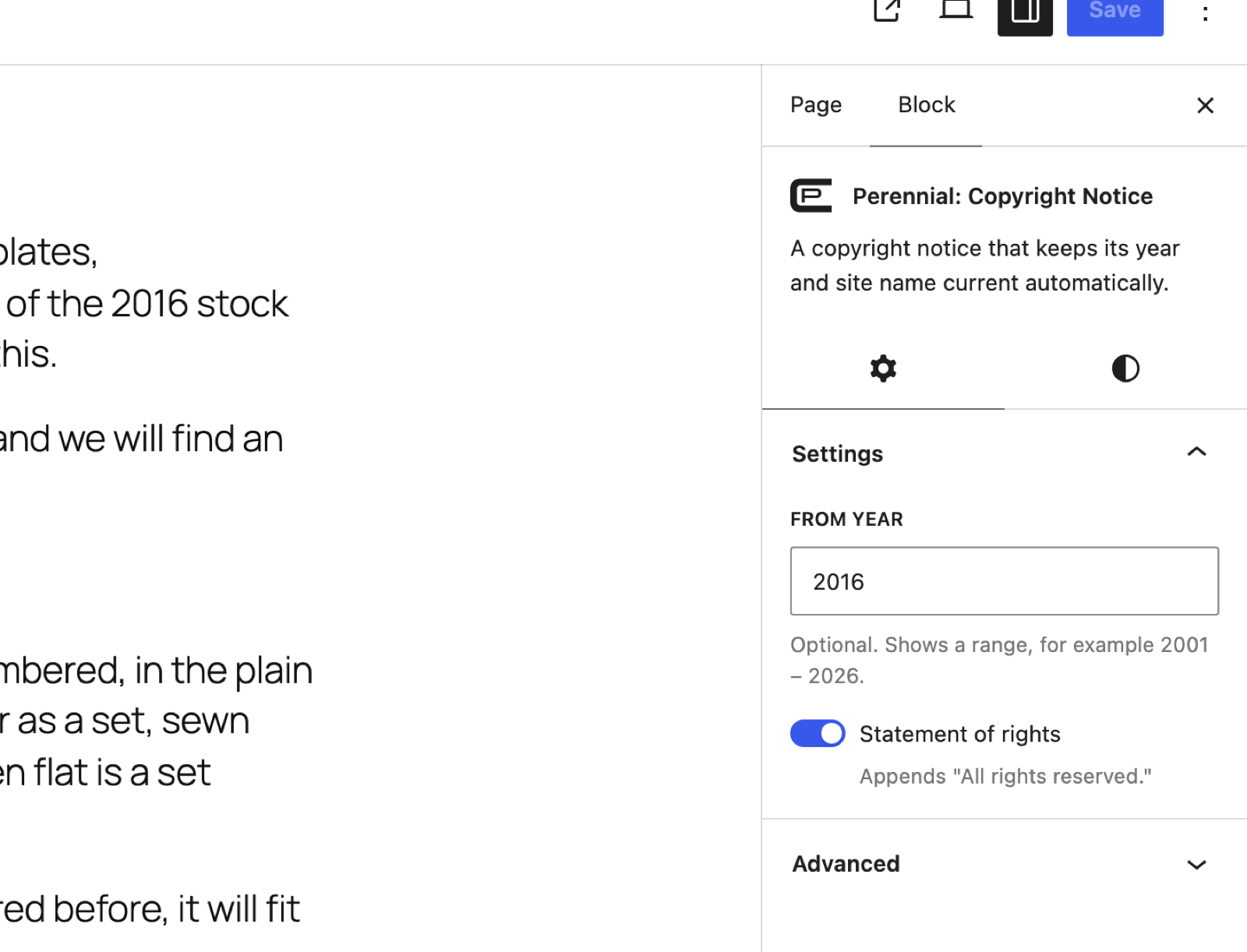 The block inspector on the Settings tab, headed "Perennial: Copyright Notice". A From year field contains 2016, described as optional and showing a range. Below it a Statement of rights toggle is switched on, with the help text "Appends 'All rights reserved.'" beneath it.