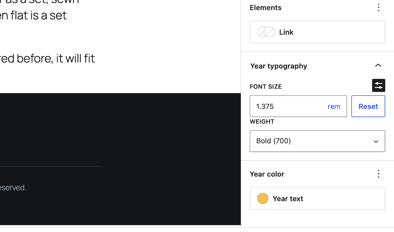 The block inspector on the Styles tab. A Year typography panel shows a font size of 1.375 rem and a weight of Bold (700). Below it a Year color panel holds a single control named Year text, set to a gold swatch.