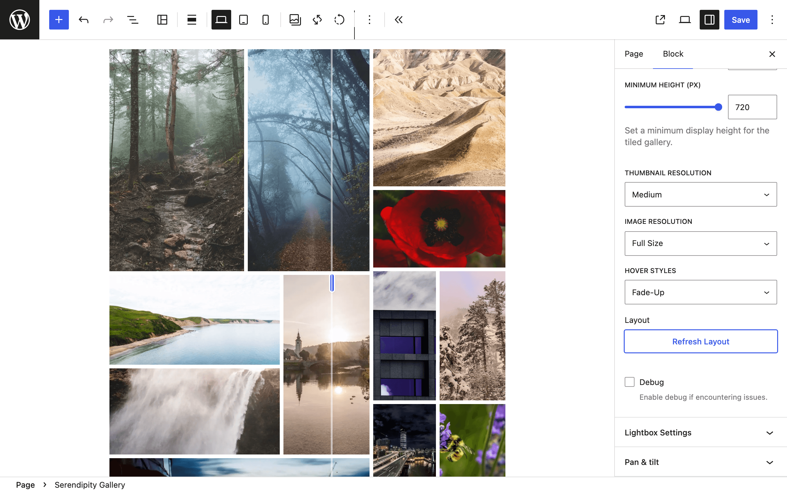 The block editor with a Serendipity gallery selected. A thin vertical seam runs between two tiles, with a blue grab handle on it. The block toolbar shows the Desktop, Tablet and Mobile buttons, with Desktop active. The sidebar shows Minimum Height at 720, Thumbnail resolution set to Medium, Image Resolution set to Full Size, Hover Styles set to Fade-Up and a Refresh Layout button, with the Lightbox Settings and Pan & tilt panels closed below.