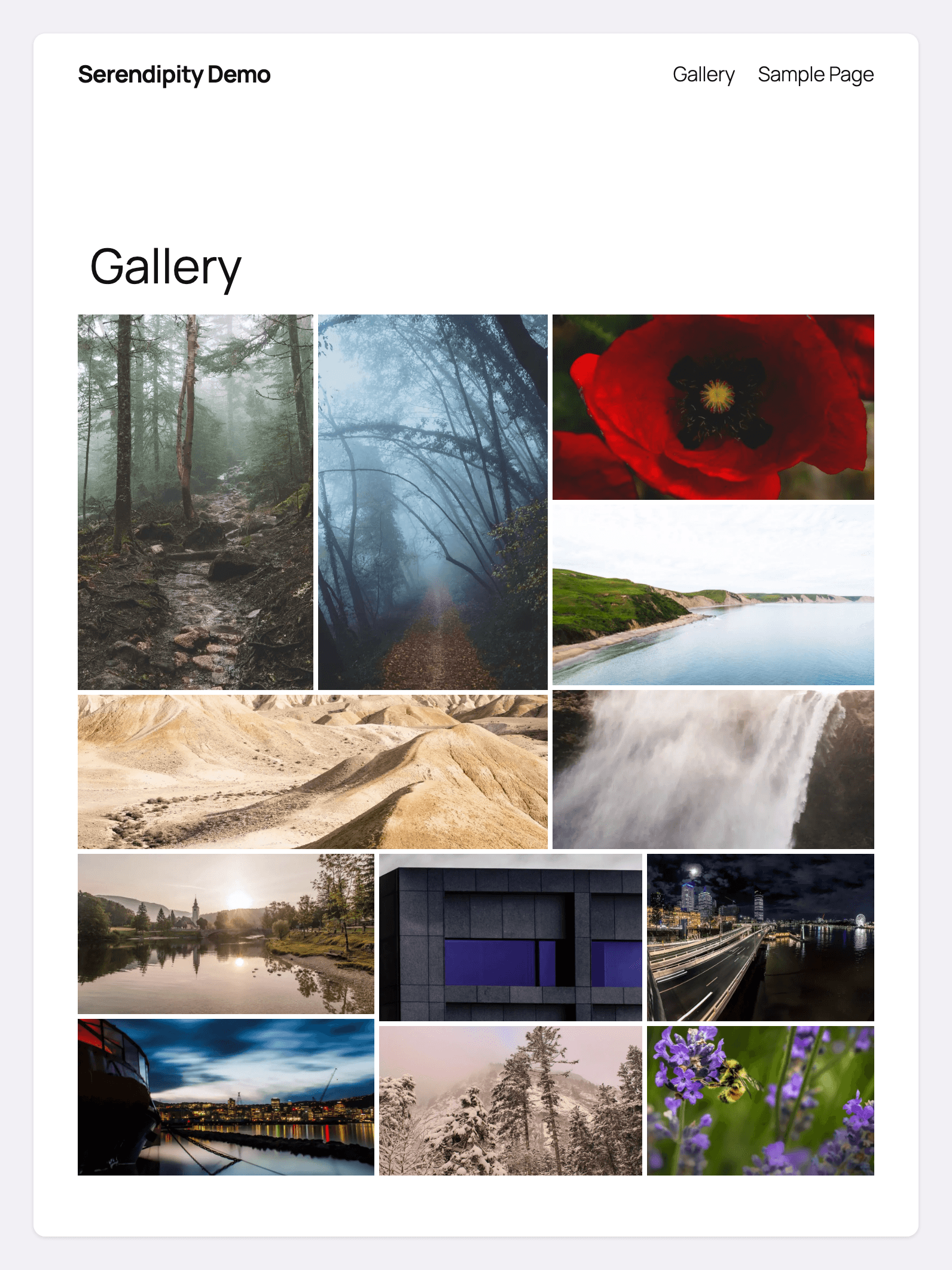 A Serendipity gallery on a published page at desktop width, under the heading Gallery. Six photographs in unequal tiles fill the width in three columns: a misty forest path, pale desert ridges, a green coast above turquoise water, a blue forest in fog, a red poppy close up, and a waterfall. Each is cropped to its tile.